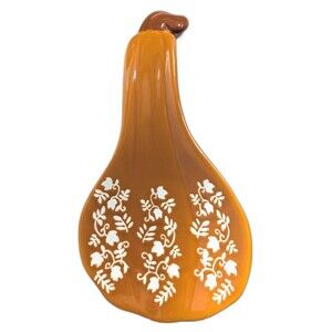 Pumpkin Gourd Ceramic Spoon Rest Utensil Holder Orange White Flowers Kitchen NEW